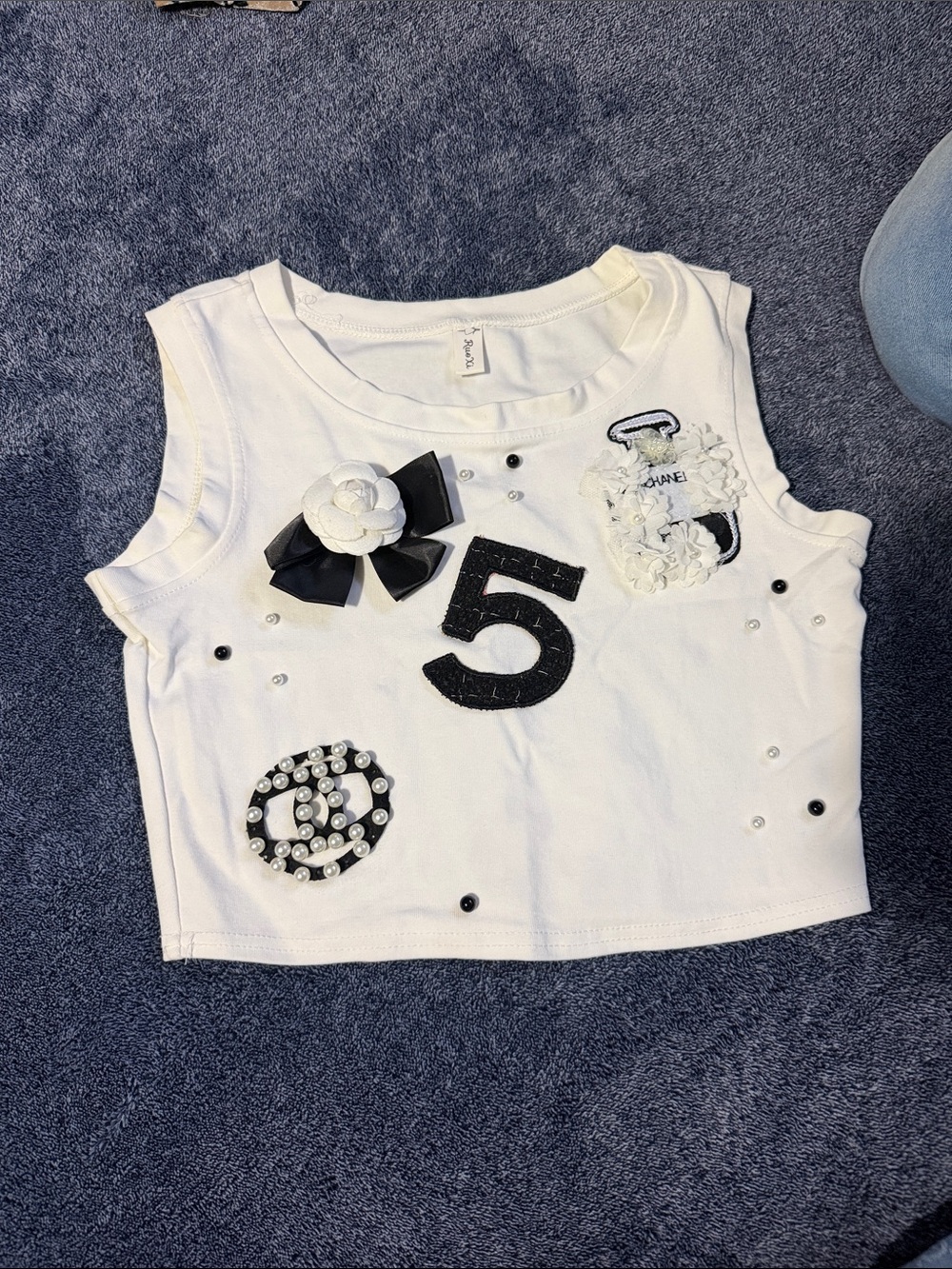 White Embellished Girls' Tank Top with Black Accents
